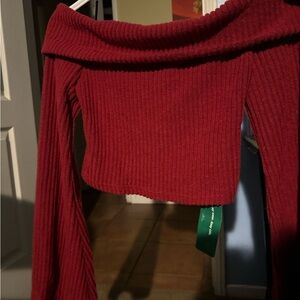 Red Knitted Off the Shoulder Sweater Flare Sleeves